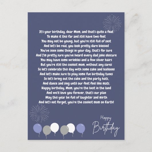 お母さんの誕生日にとても面白い詩 ポストカード (正面)