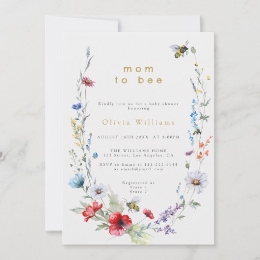 お母さんへワイルドフラワーメドウ赤ちゃんシャワー 招待状 (正面)