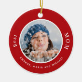 お母さん写真の赤い白い名前 セラミックオーナメント (正面)