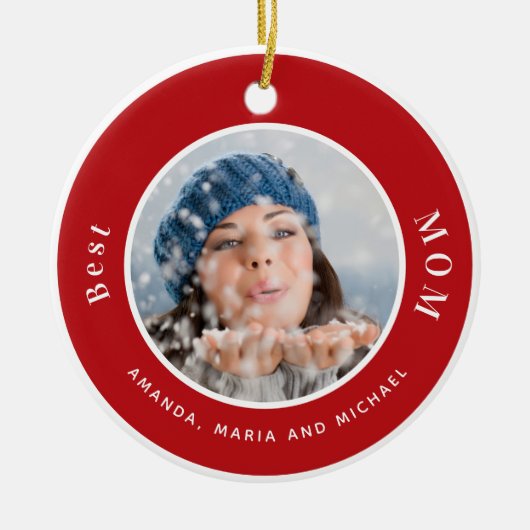 お母さん写真の赤い白い名前 セラミックオーナメント (正面)