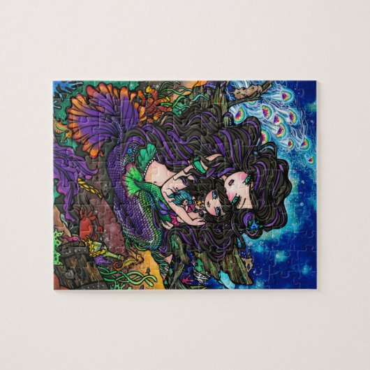 お母さん及びベビーの人魚のファンタジーの海洋の芸術のパズル ジグソーパズル (横)