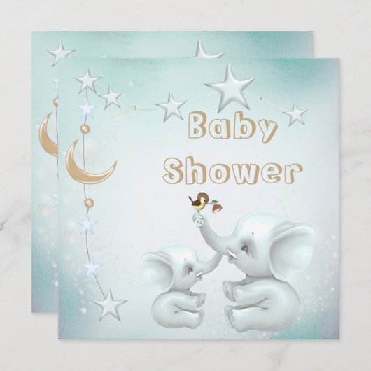 お母さん及びベビーの象、月及び星のベビーシャワー 招待状 (正面/裏面)