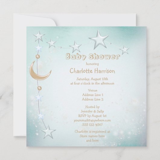お母さん及びベビーの象、月及び星のベビーシャワー 招待状 (裏面)
