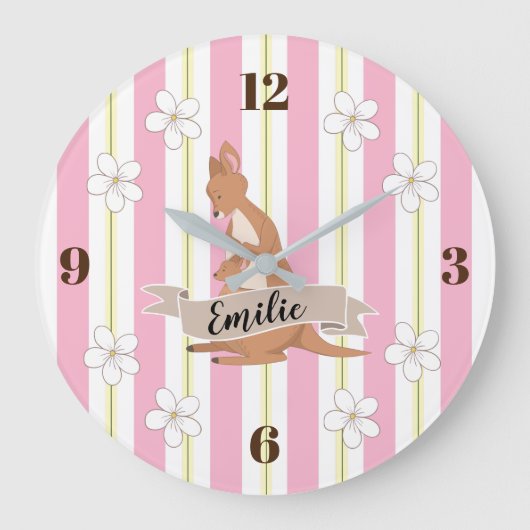 お母さん及び私はカンガルーとの縞で飾ります ラージ壁時計 (正面)