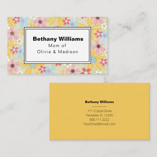 お母さん遊モダンび日ピンクブルー花呼び出しカード 名刺 (正面/裏面)