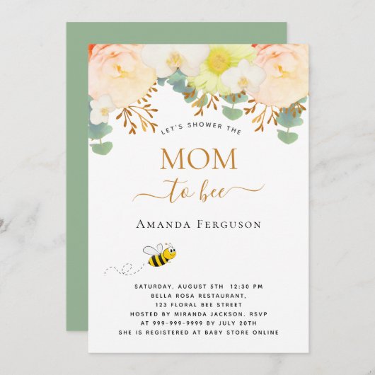 お母さん黄色いフローラかわいい赤ちゃんシャワー 招待状 (正面/裏面)