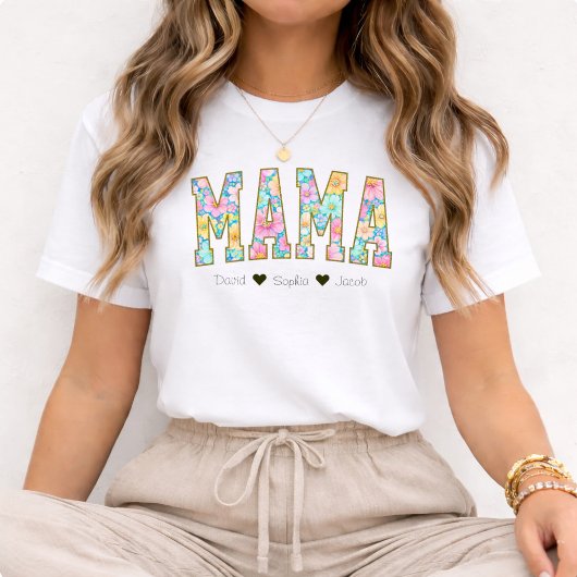 お母さん+お花+子供たちの名前+母の日 Tシャツ