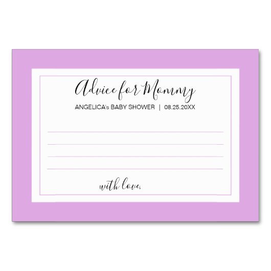 お母さん|のラベンダーのベビーシャワーカードのためのアドバイス テーブルナンバー (正面)