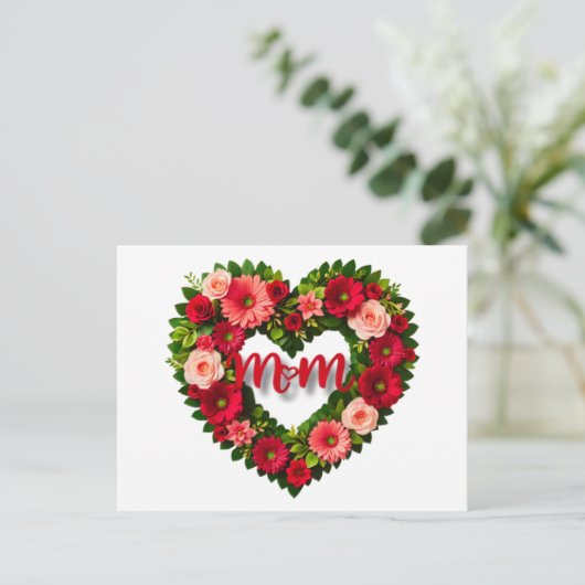 「お母さん」ハート型の花リース ポストカード (スタンド正面)