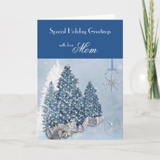 お母さん/休日の挨拶-装飾的な木/青 シーズンカード (正面)