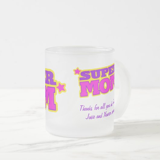 お母すごいさんスーパーヒーロ感謝していスタイル フロストグラスマグカップ (正面右)