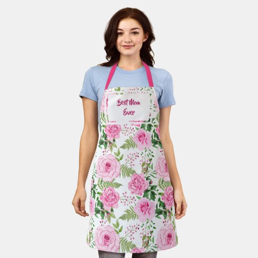 お母最高のさん今まで美しいピンクの水色のバラ エプロン (着用した状態)