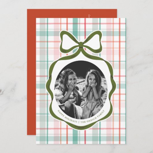 お気に入りのギンガムリボンの写真クリスマスカード シーズンカード (正面/裏面)