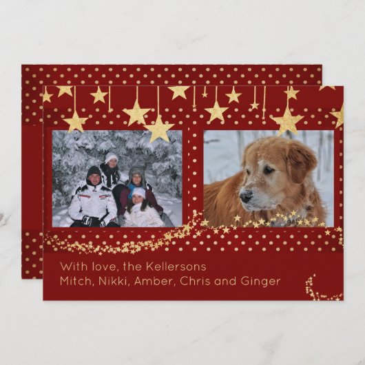 お気に入りの写真2枚とオリジナルテキストでカスタマイズされた赤と金の星のカード シーズンカード (正面/裏面)