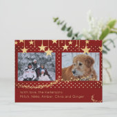 お気に入りの写真2枚とオリジナルテキストでカスタマイズされた赤と金の星のカード シーズンカード (スタンド正面)