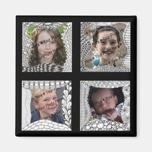 お気に入りの写真4枚を追加 - 白黒手描きコラージュ マグネット (正面)