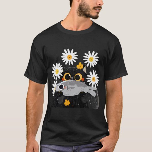 お気に入りの魚と黒猫 Tシャツ (正面)