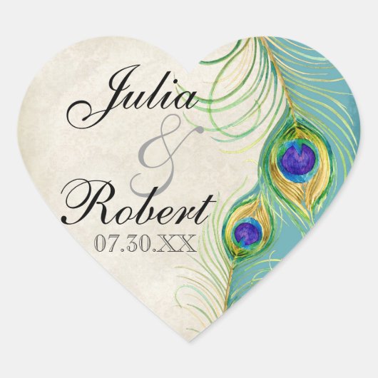 お気に入りギフトステッカー – 孔雀の羽結婚のシール ハートシール (正面)