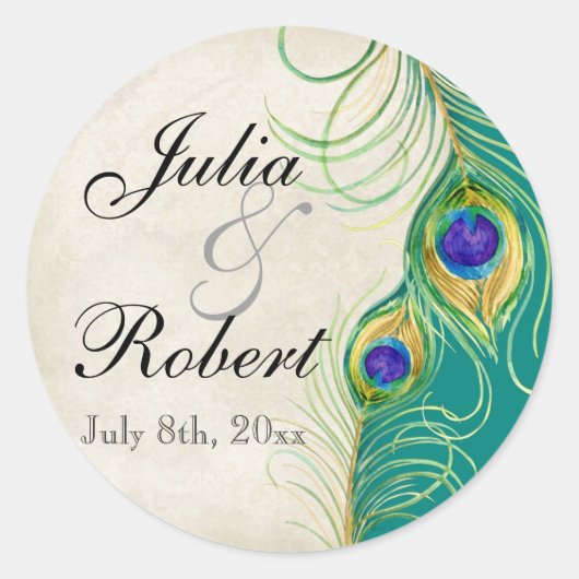 お気に入りギフトステッカー – 孔雀の羽結婚のシール ラウンドシール (正面)