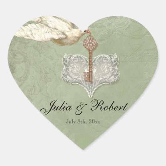お気に入りギフトステッカー – 私のハートへの鍵, Doves Swirl ハートシール (正面)