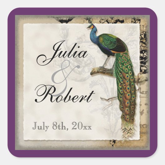 お気に入りギフトマッチングステッカー – ヴィンテージ孔雀6 スクエアシール (正面)