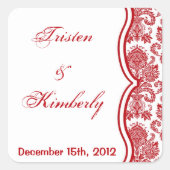 お気に入りステッカー赤クリムゾンホワイトダマスクレースプリント スクエアシール (正面)