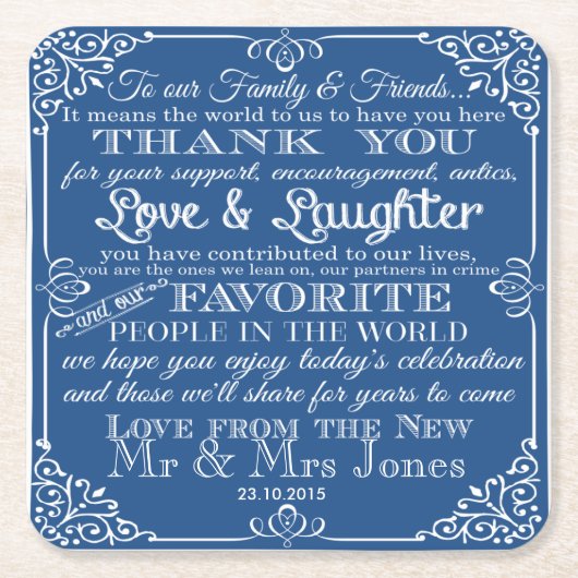 お気パーソナライズされたに入り結婚のコースター スクエアペーパーコースター (正面)