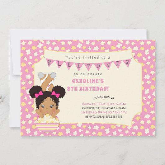 お泊まりの誕生日、アフリカ系アメリカ人の女の子 招待状 (正面)