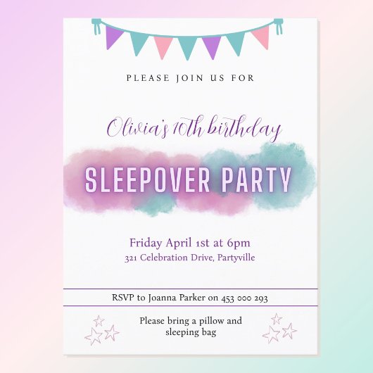 お泊まりパーティーの招待状 | かわいいパステルカラー インビテーションポストカード