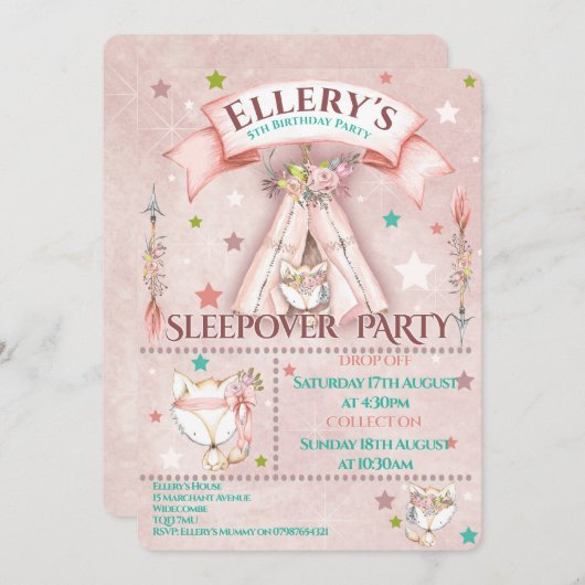 お泊まりパーティーの招待状 | 誕生日のスリーパー・パーティー 招待状 (正面/裏面)