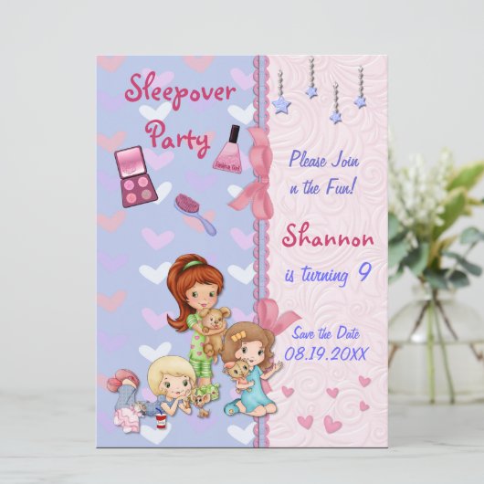 お泊まり会の友達 スリープオーバー 誕生日パーティー 招待状 (スタンド正面)