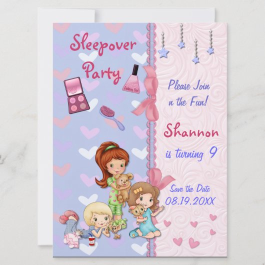 お泊まり会の友達 スリープオーバー 誕生日パーティー 招待状 (正面)