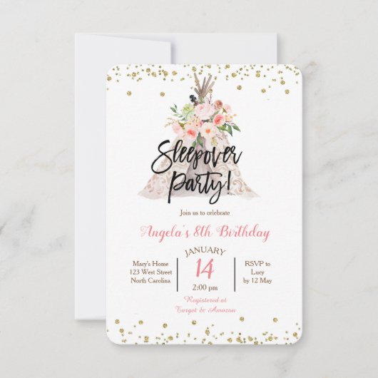 お泊まり会の女の子のパーティー招待状 招待状 (正面)