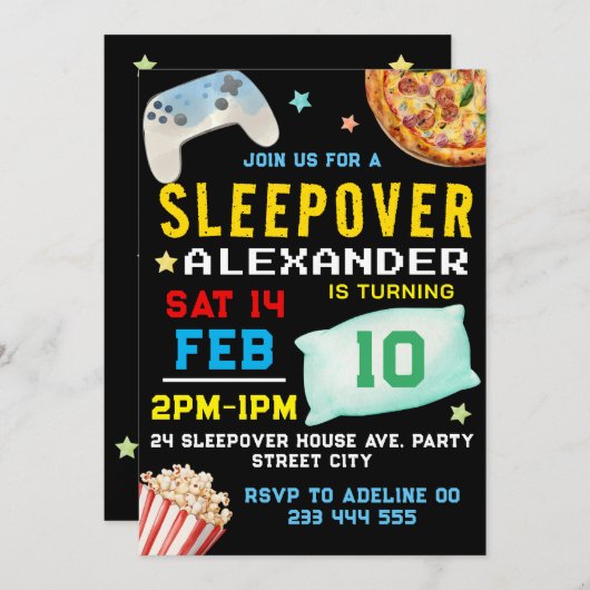 お泊まり会の男子からのスリープオーバー・パーティーの招待状 招待状 (正面/裏面)