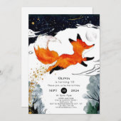 お洒落おもしろいキツネ誕生日 招待状 (正面/裏面)