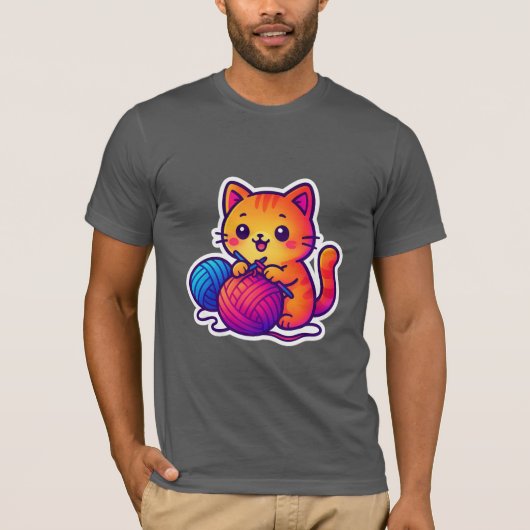 お洒落かわいい猫編み物シーン特大 Tシャツ (正面)