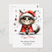 お洒落かわいい猫inサンタ帽子ハッピーホリデー ポストカード (正面/裏面)