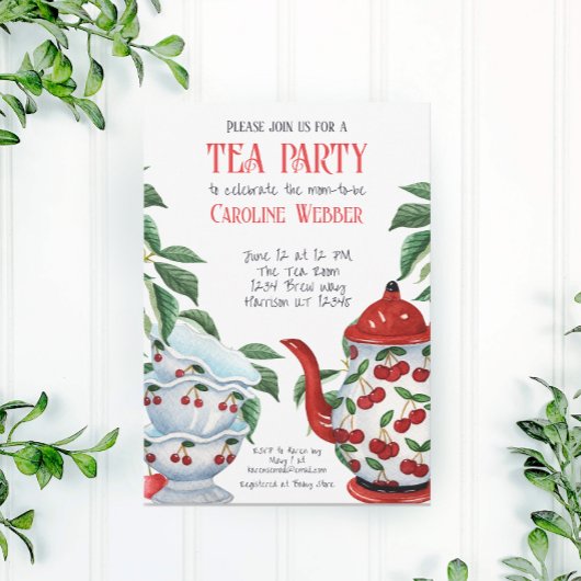 お洒落さくらんぼ茶パーティーシャワー 招待状