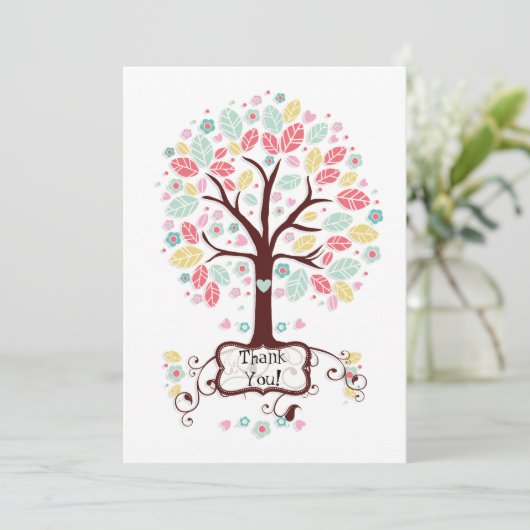 お洒落でかわいい渦巻のハートの花の木のベビーシャワー サンキューカード (スタンド正面)