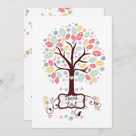 お洒落でかわいい渦巻のハートの花の木のベビーシャワー サンキューカード (正面/裏面)
