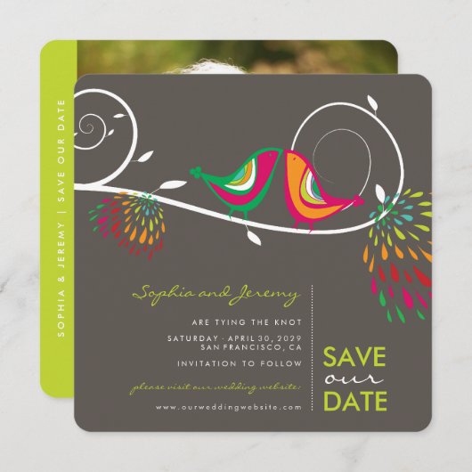 お洒落でカラフルでキスをするな鳥の夏の写真 セーブザデート (正面/裏面)