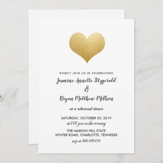 お洒落でフェイクな金ゴールドホイルのハート|のリハーサルの夕食 招待状 (正面/裏面)