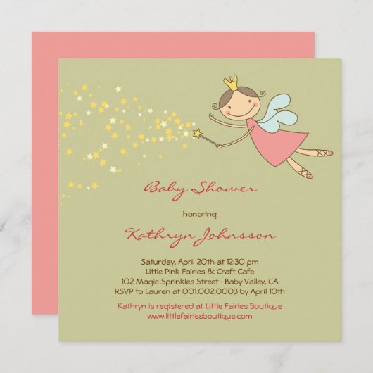 お洒落で甘い妖精及び星のベビーシャワーの招待 招待状 (正面/裏面)