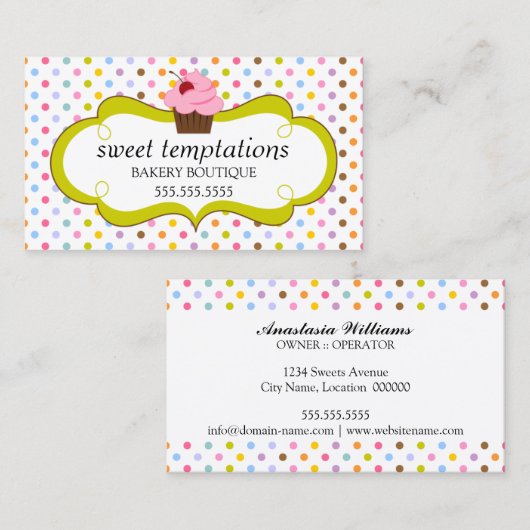 お洒落なさくらんぼのカップケーキのベーカリー 名刺 (正面/裏面)