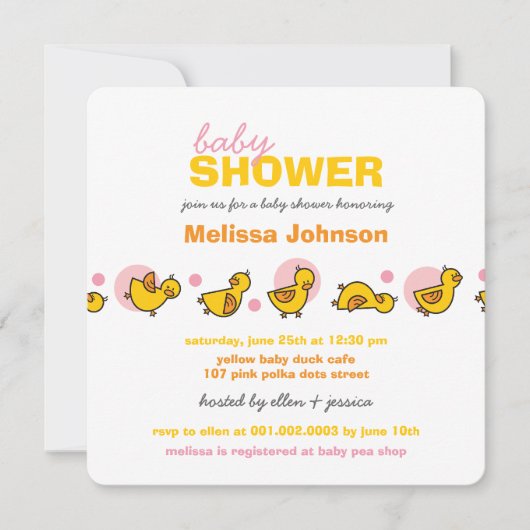 お洒落なアヒルのピンクの点の女の赤ちゃんのシャワーの招待 招待状 (正面)
