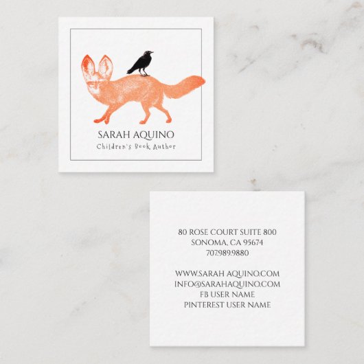 お洒落なキツネ及びカラスの児童図書の作家 スクエア名刺 (正面/裏面)