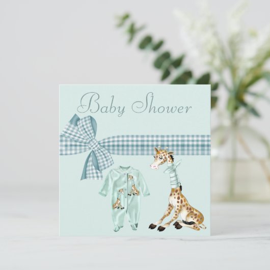 お洒落なキリンの青い男の赤ちゃんのシャワー 招待状 (スタンド正面)