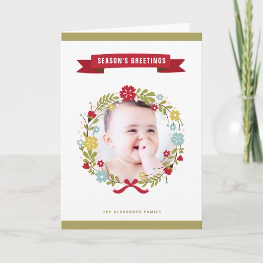 お洒落なクリスマスの花のリースの写真カード シーズンカード (正面)