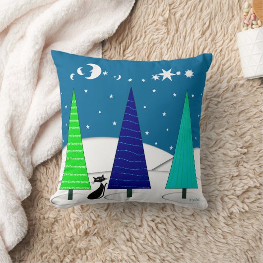 お洒落なクリスマスツリーおよび猫の枕 クッション (ブランケット)