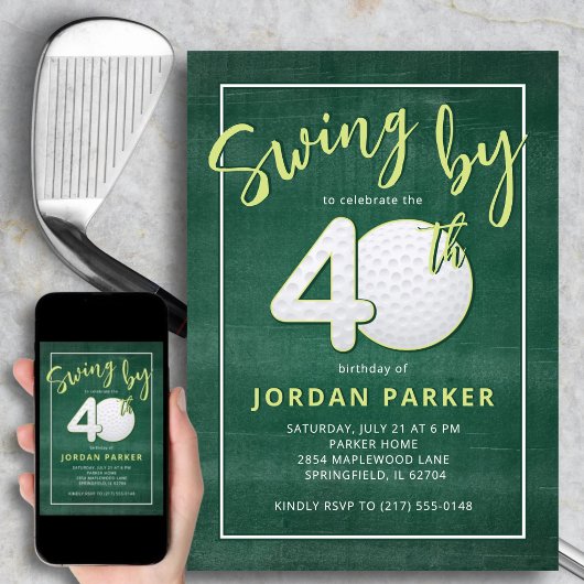 お洒落なグリーンの40歳の誕生日ゴルフテーマ「Swing By」 招待状